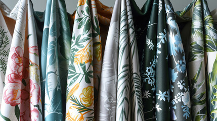 A closeup view of several luxurious fabric samples hanging vertically, showcasing diverse floral and botanical print patterns in various colors