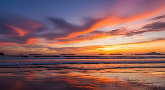 Stunning tropical sunset over Phuket beach, Thailand, with a dramatic cloudy sky painting the Indian Ocean and wet sand in fiery hues.