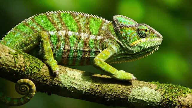An emerald tree boa gracefully coiling around a mossy branch in a lush, tropical rainforest, its vivid green blending with dense foliage. Natural habitat interaction