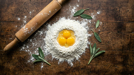 Homemade pasta ingredients: flour, eggs, and rolling pin on rustic wood.