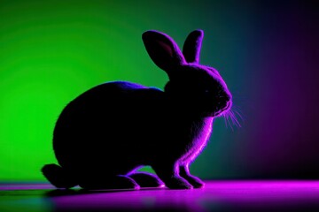 Obraz premium Illuminated rabbit silhouette in neon green and purple, surrounded by soft shadows, creating a mysterious and enchanting mood in a minimalist composition