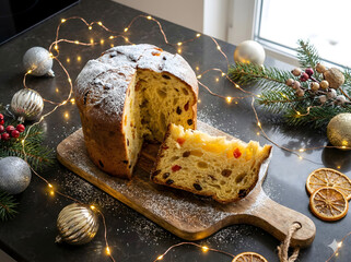 Festive Italian panettone with dried fruits on a holiday table, perfect for Christmas.