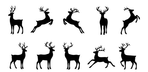 Set of Reindeer Silhouettes in Different Poses. Various Deer and Stag Vector Shapes for Christmas and Wildlife Design.