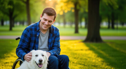 Joyful adult man in wheelchair shares a heartwarming moment with his happy white dog in a sun-drenched park
