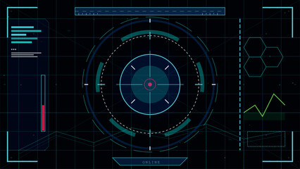 Futuristic heads-up display interface with target scope and data visualization elements