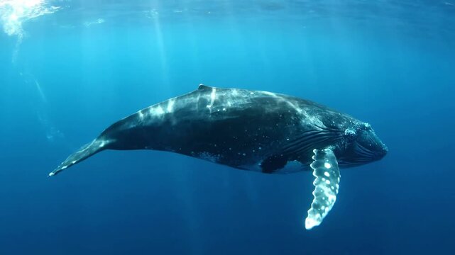 An immersive, close up perspective of a whale's textured skin and barnacles as it glides by, revealing the intricate details of its ancient, wild form.