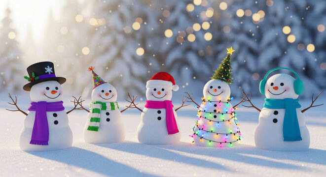 Five snowman with colorful scarf and hats, standing in snowy field, representing winter holidays, Christmas, festive atmosphere and seasonal celebration