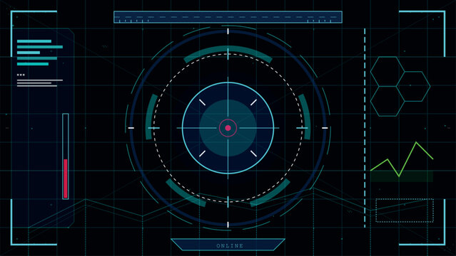 Futuristic heads-up display interface with target scope and data visualization elements