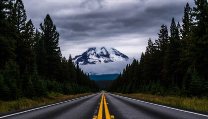 Empty Highway Leading to Snowy Mountain Through Dense Pine Forest