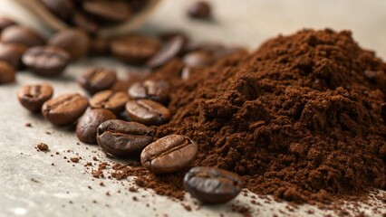 Macro Shot of Freshly Ground Coffee Powder and Roasted Coffee Beans on Light Gray Surface