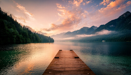 Obraz premium Wooden Pier Extending Into Calm Mountain Lake at Misty Sunrise