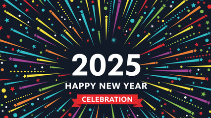 Happy New Year 2025 Celebration Background Vector Design, Featuring Colorful Fireworks and Explosive Starbursts on Dark Sky