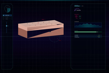 Fototapeta na wymiar Futuristic skin analysis interface showing dermal layers and health metrics like hydration, elasticity, and UV exposure levels