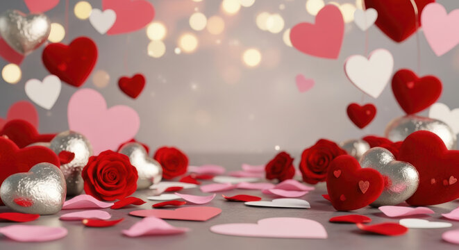 Romantic 3D Valentine's Day background with floating hearts, red roses, and glowing bokeh lights, offering elegant copy space for festive messages.