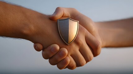 Symbolic handshake with a shield emblem signifies trust security and a strong partnership agreement