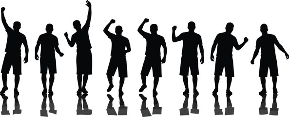 Energetic silhouettes of men celebrating success with raised arms, standing confidently in a row, expressing motivation, teamwork, victory, strength, and determination