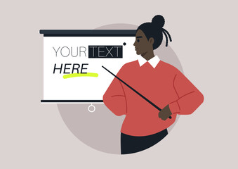 In a round lecture setting, a knowledgeable speaker stands with a pointer, highlighting important points on a presentation screen, captivating the audience's attention with clear ideas