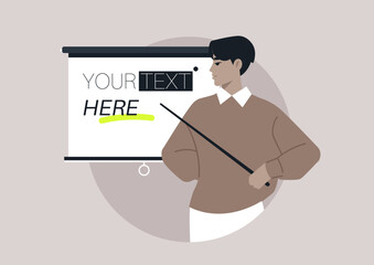 In a round lecture setting, a knowledgeable speaker stands with a pointer, highlighting important points on a presentation screen, captivating the audience's attention with clear ideas