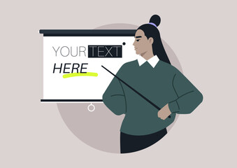 In a round lecture setting, a knowledgeable speaker stands with a pointer, highlighting important points on a presentation screen, captivating the audience's attention with clear ideas