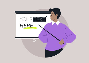 In a round lecture setting, a knowledgeable speaker stands with a pointer, highlighting important points on a presentation screen, captivating the audience's attention with clear ideas