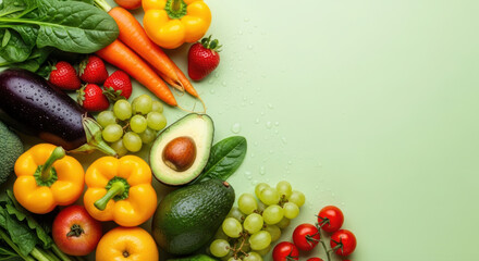A vibrant assortment of fresh, healthy fruits and vegetables arranged on a light green background, ideal for wellness promotions with ample text space.