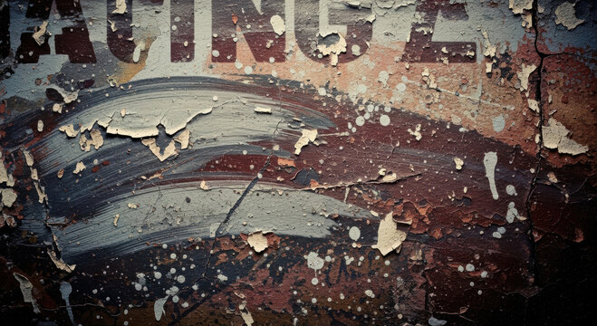 Heavily distressed painted grunge background revealing multiple layers of flaking paint, cracks, and faded textual elements.