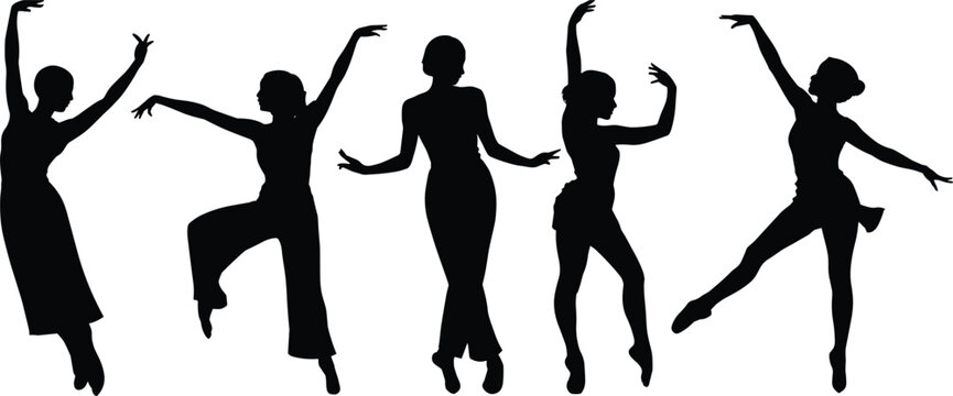 Graceful silhouette dancers performing expressive artistic ballet movements in elegant poses, showcasing beauty, balance, creativity, motion, flexibility, rhythm and contemporary dance art