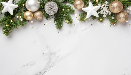 Christmas decoration arrangement with ornaments pine branches and snowflakes on marble background festive season home decor aesthetic view holiday spirit