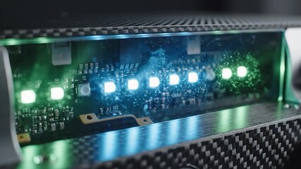 Closeup of an electronic circuit board with glowing green and red led lights - Powered by Adobe