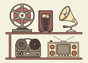 Nostalgic vintage media collection, featuring a retro television, gramophone, tape recorder, and film reel, evoking a sense of classic entertainment history
