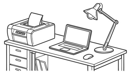 Modern minimalist home office setup drawing with printer, laptop, and desk lamp on sleek desk illustration perfect for workspace designs and tech themes