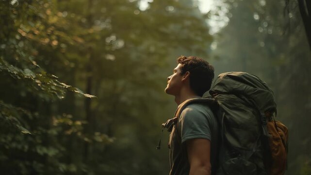 A young man stands in a serene forest, gazing upward as sunlight filters through the lush trees. His sturdy backpack rests comfortably as he savors the tranquility of nature.