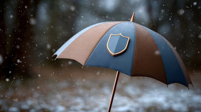 Symbolic protective umbrella with shield emblem in falling winter snow