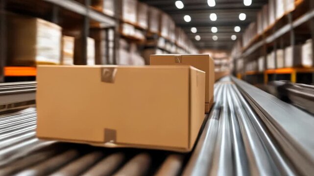 cardboard box on conveyor belt speeding through warehouse aisles under warm golden light, rows of shelving stacked with parcels, motion blur on metal rollers,