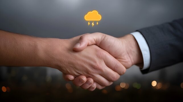 Two hands shaking to seal a deal under a glowing stormy cloud symbol suggesting risk and uncertainty in a twilight urban setting - Powered by Adobe