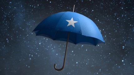 A blue umbrella with a white star is depicted against a dark star filled cosmic background