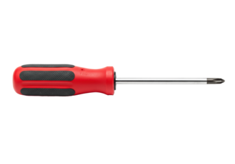 A professional-grade flathead screwdriver with a red ergonomic handle isolated on a white background with 'PRO-GRADE' text. Concept for hardware and home repair