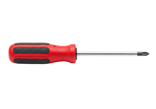 A professional-grade flathead screwdriver with a red ergonomic handle isolated on a white background with 'PRO-GRADE' text. Concept for hardware and home repair