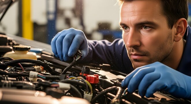 A mechanic working on a car engine with blue gloves and looking intently at the engine components