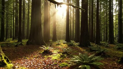 An immersive perspective of a winding, natural forest path, completely devoid of any human presence, emphasizing solitude and untouched wilderness. Ground level tracking shot or drone fly through
