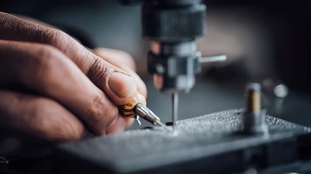Medium frame showing a Vickers hardness tester using a diamond indenter to precisely gauge the hardness of a metallic component.