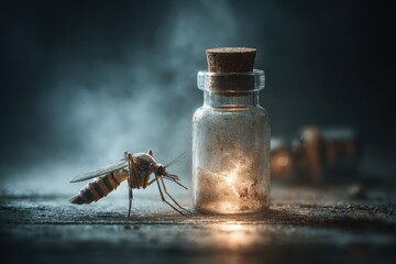 An artistic composition of a vaccine vial and a mosquito on a reflective surface, illuminated by dramatic lighting, evoking a sense of urgency and awareness about malaria
