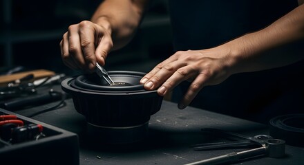 Person repairing a black speaker with tweezers on a dark workbench in a dimly lit environment