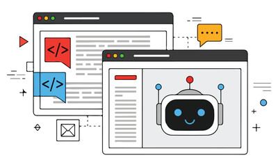 Web Development, Chatbot, and Mobile App Vector Illustrations: Programming, Customer Support, and Digital Life Graphics