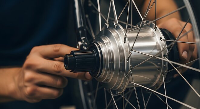 Close up of hands working on a bicycle wheel with silver spokes and a black hub in a workshop
