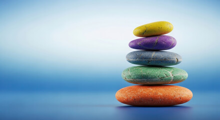 Minimalistic composition of balanced, colorful, textured stones stacked vertically against a serene gradient blue background, embodying zen harmony and peace with ample copy space.