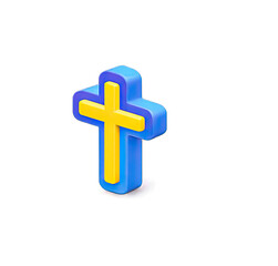 Obraz premium A blue and yellow 3D cross icon on a transparent background.