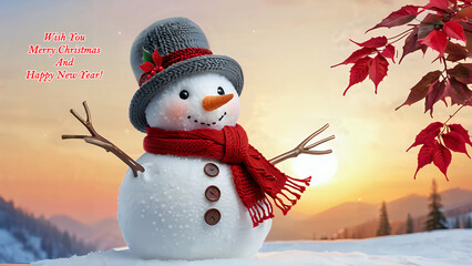 Merry Christmas and happy new year. Greeting card with snowman and poinsettia flower background.