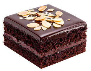 A decadent chocolate cake piece featuring smooth dark frosting, almond flakes on top, high-quality cutout, isolated on transparent background