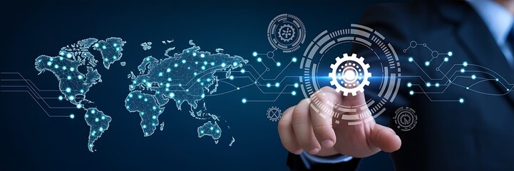 Global business technology networking with businessman touching digital interface concept